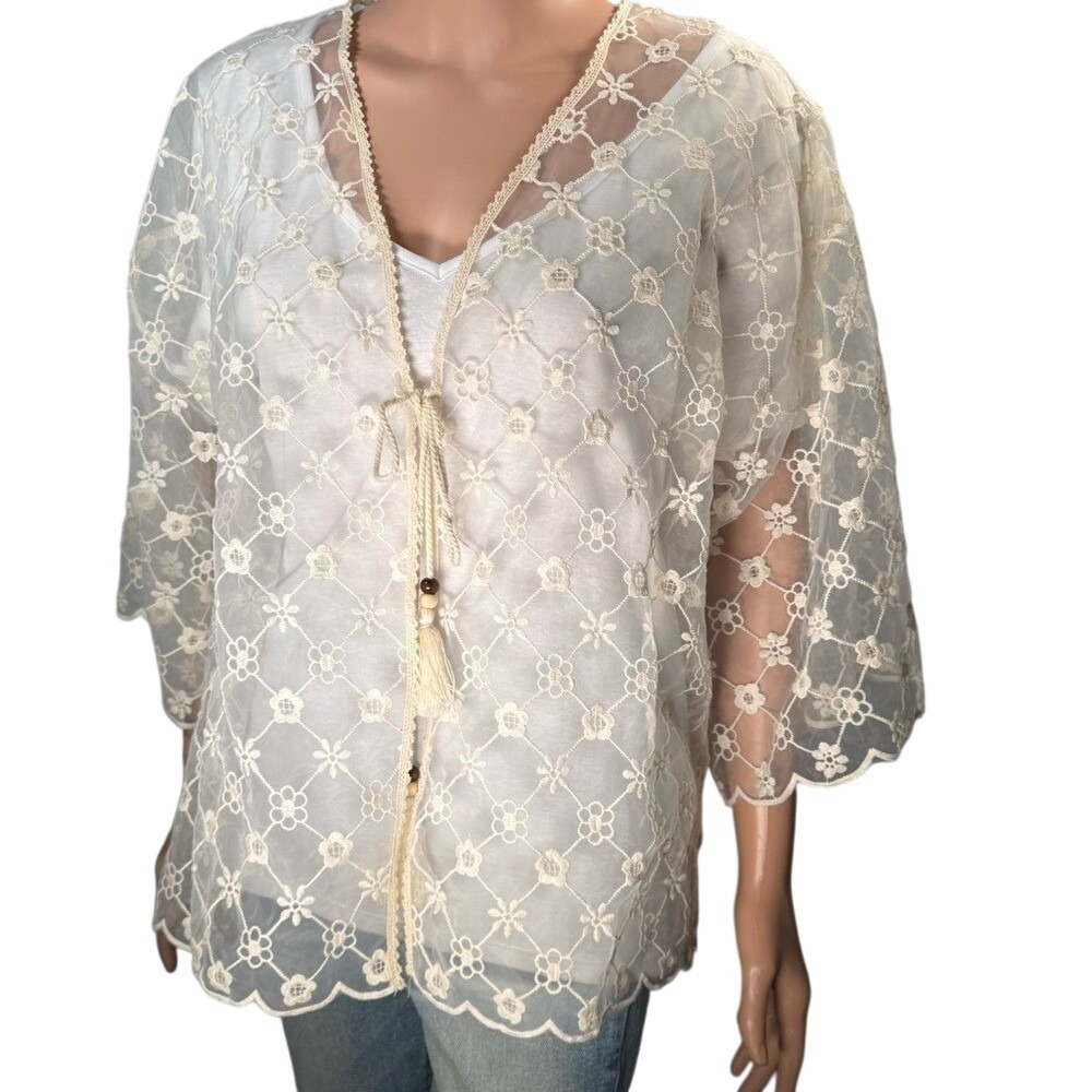 Amber Skye XL Ivory Floral Lace Kimono Cardigan Sheer Boho Tassel Tie STB7585